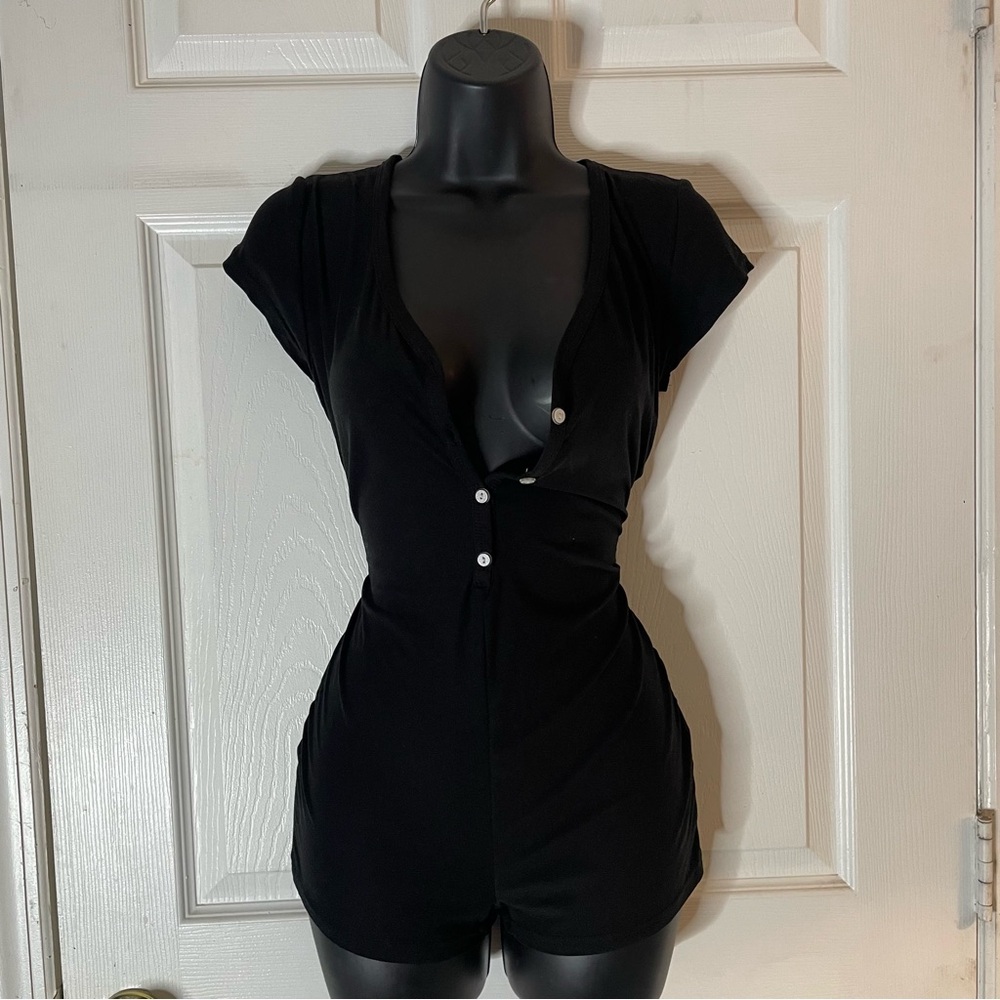 Black Short Sleeve Button-Front Romper - Women’s Sleepwear